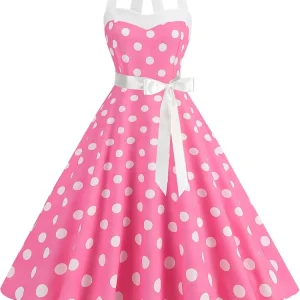 Abito da festa estivo da donna con cintura con stampa a pois Halter Hepburn Robe Abiti vintage anni '50 e '60 1