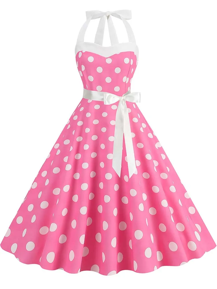 Abito da festa estivo da donna con cintura con stampa a pois Halter Hepburn Robe Abiti vintage anni '50 e '60 1