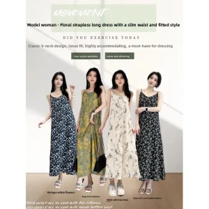 Abito lungo estivo con stampa floreale alla caviglia, vestibilità slim, leggero, stile da donna, modello sottile per ragazza della foresta fresca cinese vintage 1