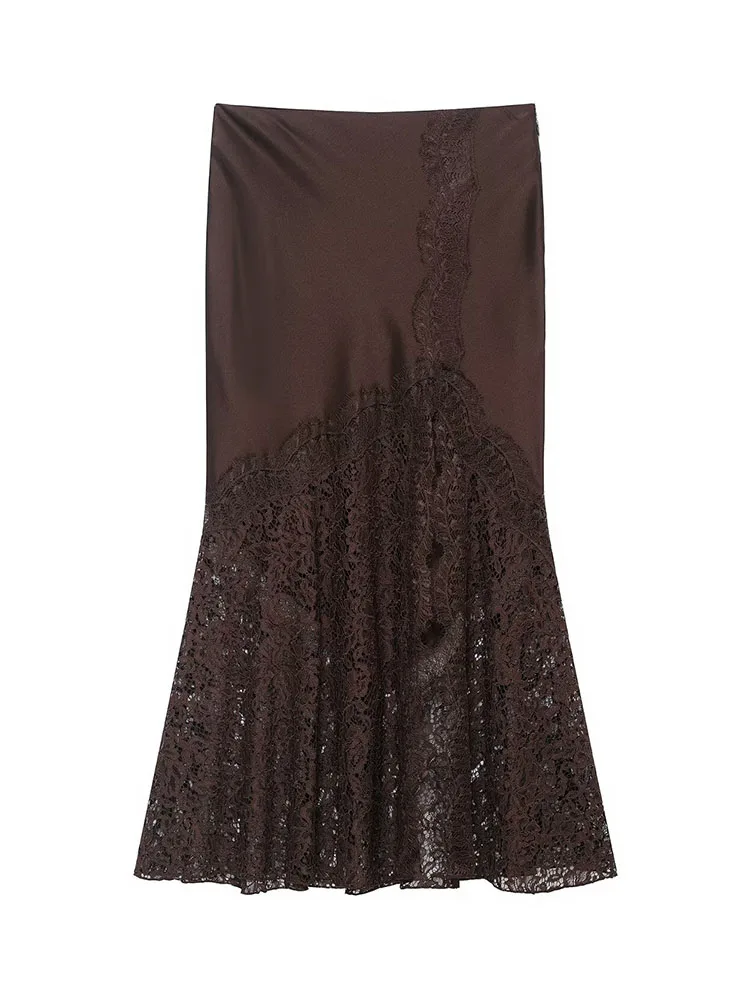 HH Gonna da donna in raso di seta di pizzo Moda con cerniera pieghettata Orlo con spacco Decorazione Gonna lunga marrone Gonna sottile da banchetto elegante femminile 2