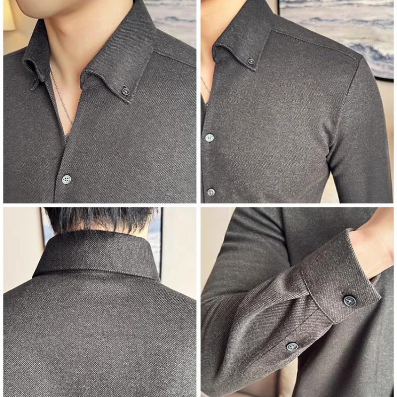 Camicia invernale in lana spessa, camicia casual di alta qualità con scollo a V da uomo senza cuciture, top da lavoro marrone 3