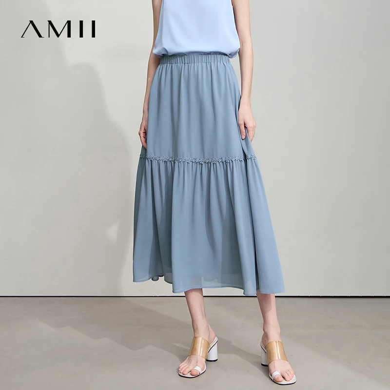 Amii Minimalista Allentato Sottile Gonna di Chiffon 2025 Estate Nuovo Ufficio Eleganza Pizzo A-Line Gonna Midi Gonna Nera Femminile 12542287 3