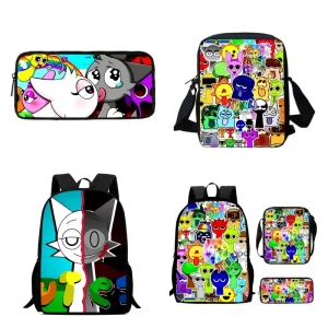 Zaino scolastico Sprunki Cartoon con borse a tracolla Borse a matita per la scuola materna, borse leggere per bambini per ragazzi e ragazze 1