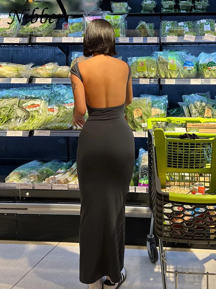 Nibber Solid Sexy Backless Maxi Dress Donna Elegante Elastico Sottile Manica corta Abiti lunghi Donna Aderente Abbigliamento streetwear 6