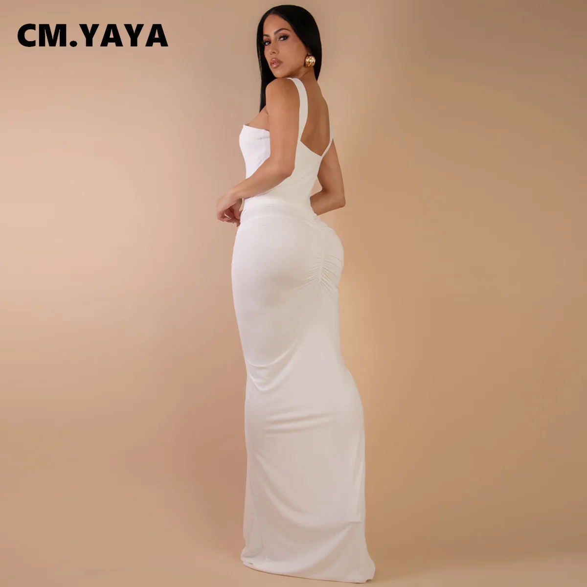 CM.YAYA Abito da donna maxi lungo aderente con scollo a V incrociato increspato impilato Midi 2025 Abiti da sera per feste di compleanno per le vacanze 3