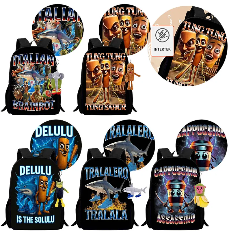 Divertente zaino da scuola italiano Brainrot Borsa da scuola impermeabile di grande capacità Elementare Tung Saur Shark per regalo per il ritorno a scuola del bambino 2