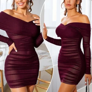 Abito da donna per tutte le stagioni con spalle scoperte, manica lunga, mini avvolgente, design slim fit, piega, abito avvolgente alla moda sexy 1
