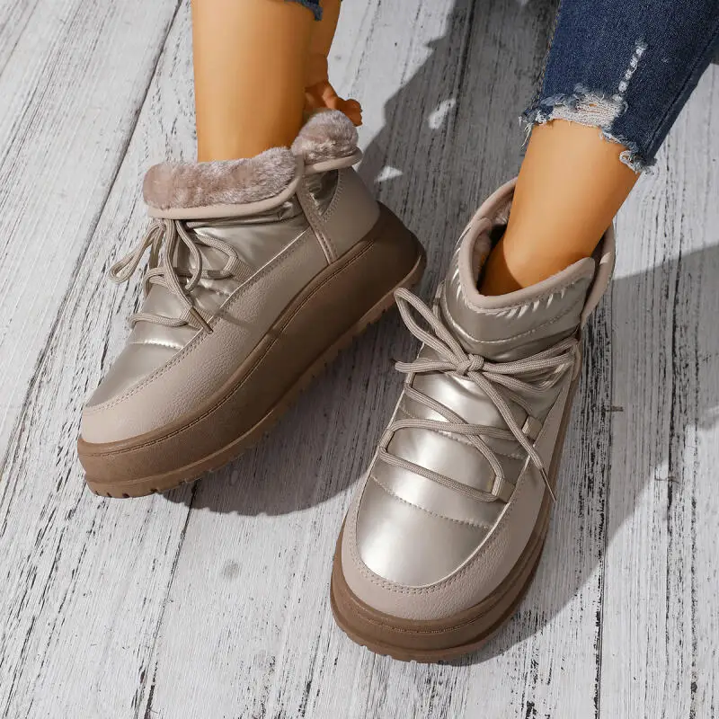 Stivali da neve impermeabili con piattaforma comfort Donna 2025 Stivaletti invernali caldi in pelliccia sintetica con lacci Stivaletti corti da donna con luna 4