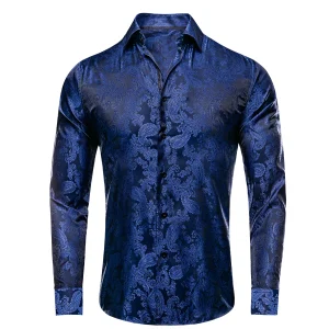 Camicie da uomo Hi-Tie Paisley in seta Blu navy Rosa Nero Bianco Verde Camicia con risvolto a maniche lunghe Casual formale per uomo d'affari di nozze 1