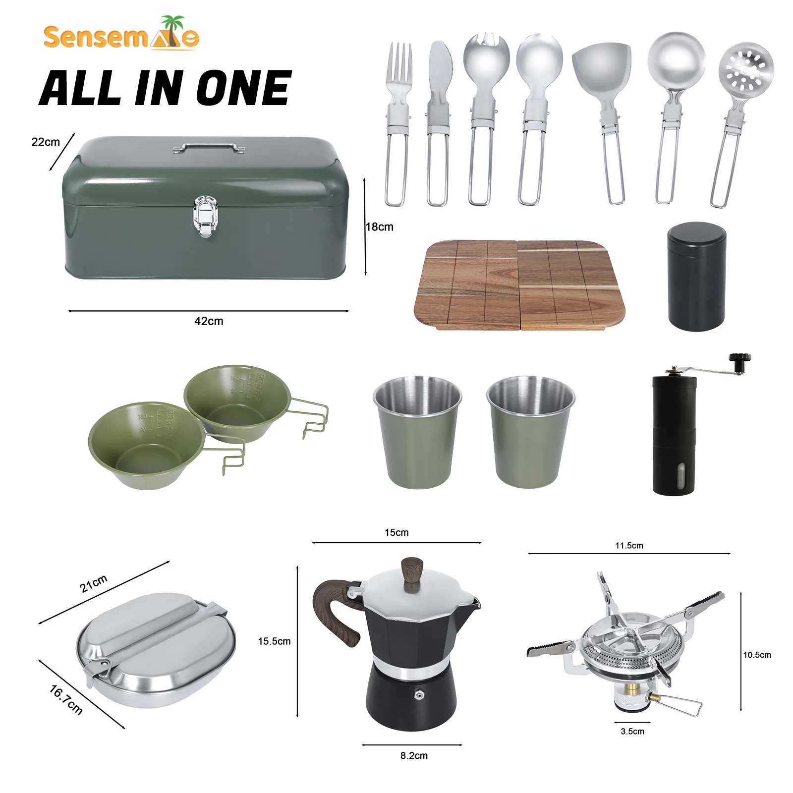 Kit da campeggio Set di posate da campeggio per 2 persone Set di posate da campeggio in acciaio inossidabile Scatola di posate portatile Kit di pentole da escursionismo leggero in scatola di metallo 2