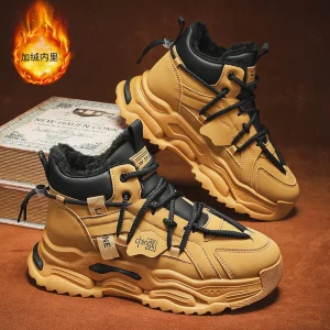Nuove scarpe invernali da uomo alte con pile aggiunto e calore ispessito, scarpe di cotone giallo e stivali da neve integrati in pelliccia 1