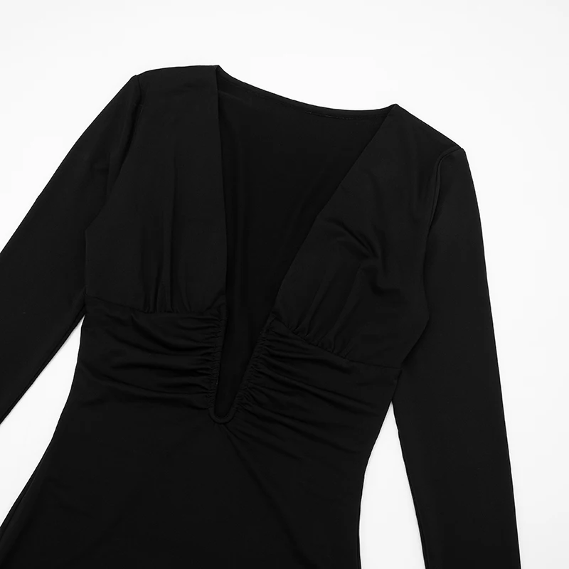 CUTENOVA Abiti autunnali Donna Sexy Profondo scollo a V Scava fuori Manica lunga Vita raccolta Mini abito che abbraccia l'anca per la festa elegante della signora 5