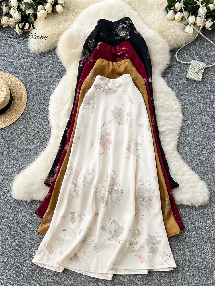 SINGREINY Gonna lunga da donna senior Stampa floreale in oro Design con cerniera Estate Francia Elegante gonna vintage Nozioni di base in raso A Line 1