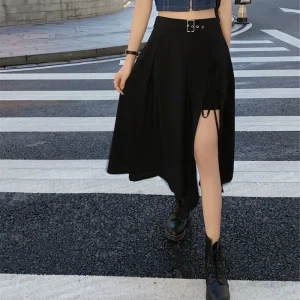 Gonne a metà polpaccio con spacco alto gotico scuro Vintage donna elegante Fashion Party Club vita alta Femme Bottom Streetwear Goth Skirt 1
