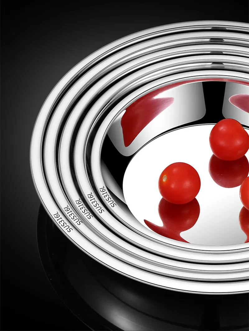 Piatto piano rotondo spesso in acciaio inossidabile 316 Vassoi per uso alimentare Insalata Frutto Padella da cucina Bistecca Frutti di mare Ciotole piatte da cucina 6