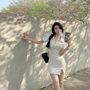 Mini abito sexy con colletto polo diviso Gonna corta da donna Aderente Vita snellente Cinched Moda estiva Trendy AE Stock 1