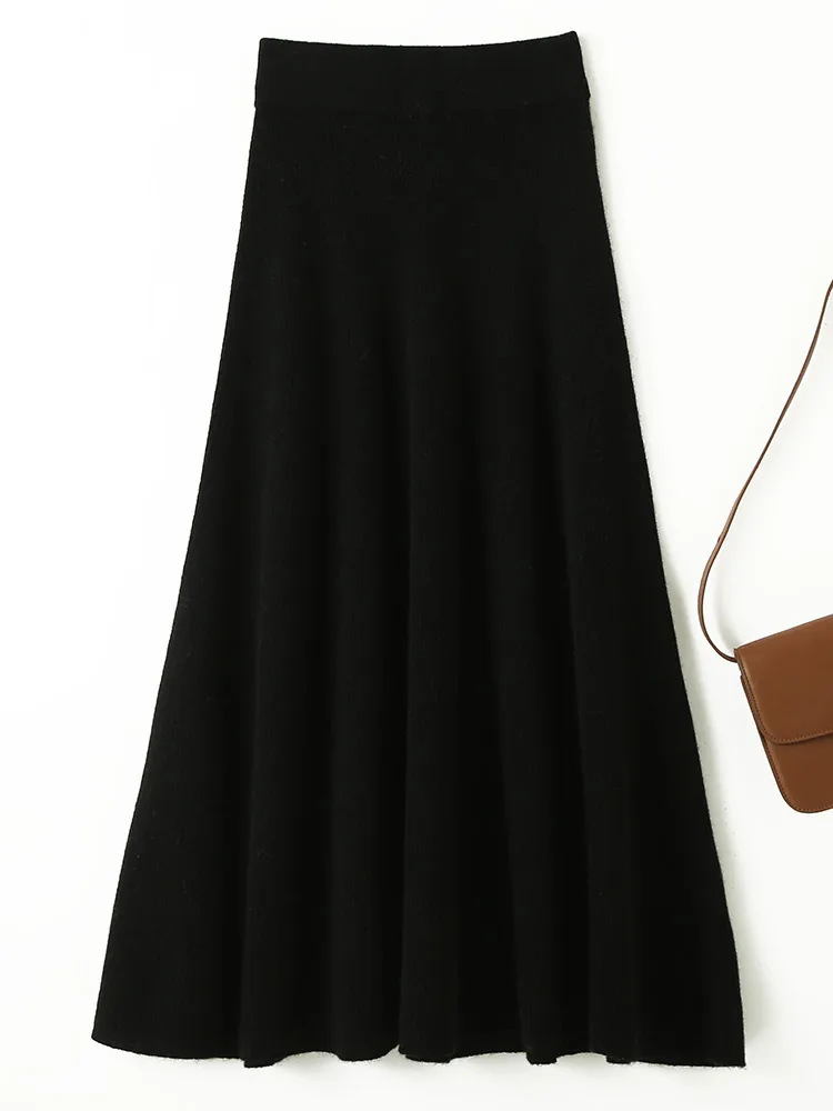 Chic nuove donne 100% lana merino lavorata a maglia una linea gonna tinta unita autunno inverno vita alta stile preppy gonna longuette in morbida lana 2