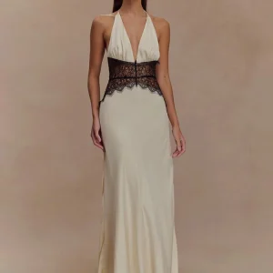 Mozision Abito lungo sexy senza schienale estivo Abito da donna Patchwork in pizzo Halter Profondo scollo a V senza maniche Abito lungo elegante a vita alta 1