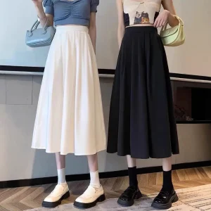 Gonna longuette bianca a linea A da donna Primavera Estate 2025 Nuova gonna abito stile abito a mezza lunghezza a pieghe a vita alta 1