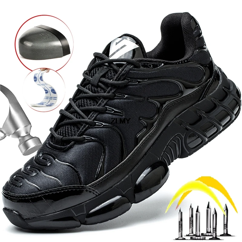 Scarpe antinfortunistiche con cuscino d'aria scarpe da ginnastica con punta in acciaio da uomo scarpe da lavoro sportive a prova di foratura stivali antinfortunistici da uomo stivali da lavoro maschili neri taglie forti 2
