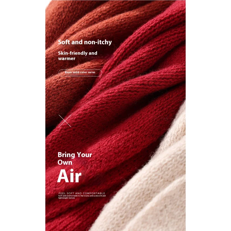 DWJ57 Sciarpa di lana di Capodanno Rosso Autunno Inverno Antivento Atmosfera calda Donna Versatile Scaldacollo lavorato a maglia in tinta unita 6