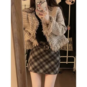 Gonna a trapezio a vita alta scozzese stile preppy Primavera Autunno Nuova gonna corta dolce per giovani tutto-fiammifero Abbigliamento donna moda vintage 1