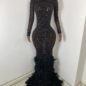 Abito lungo da donna sexy con piume nere e diamanti in cristallo, maxi abito lungo, festa di compleanno, costume, bar, discoteca, abbigliamento per spettacoli teatrali 1