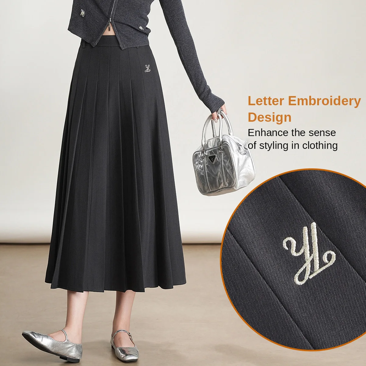 LOUIS YAO Nuova semplice gonna a pieghe ricamata da donna 2025 Autunno tinta unita con pieghe strutturate Gonna lunga a trapezio Elegante 5