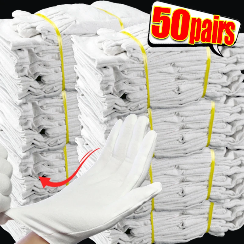 1-50Pairs Men Women Full Finger Etiquette White Cotton Gloves Waiters/Drivers/Jewelry/Workers Mittens Sweat Absorption Gloves 1