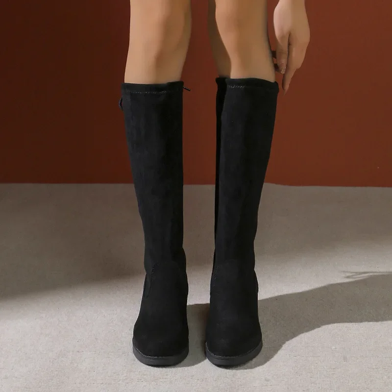 Stivali lunghi sopra il ginocchio autunno inverno taglie forti Donna punta tonda Tacco spesso Stivaletti foderati in peluche caldi per capelli corti facili da indossare 4