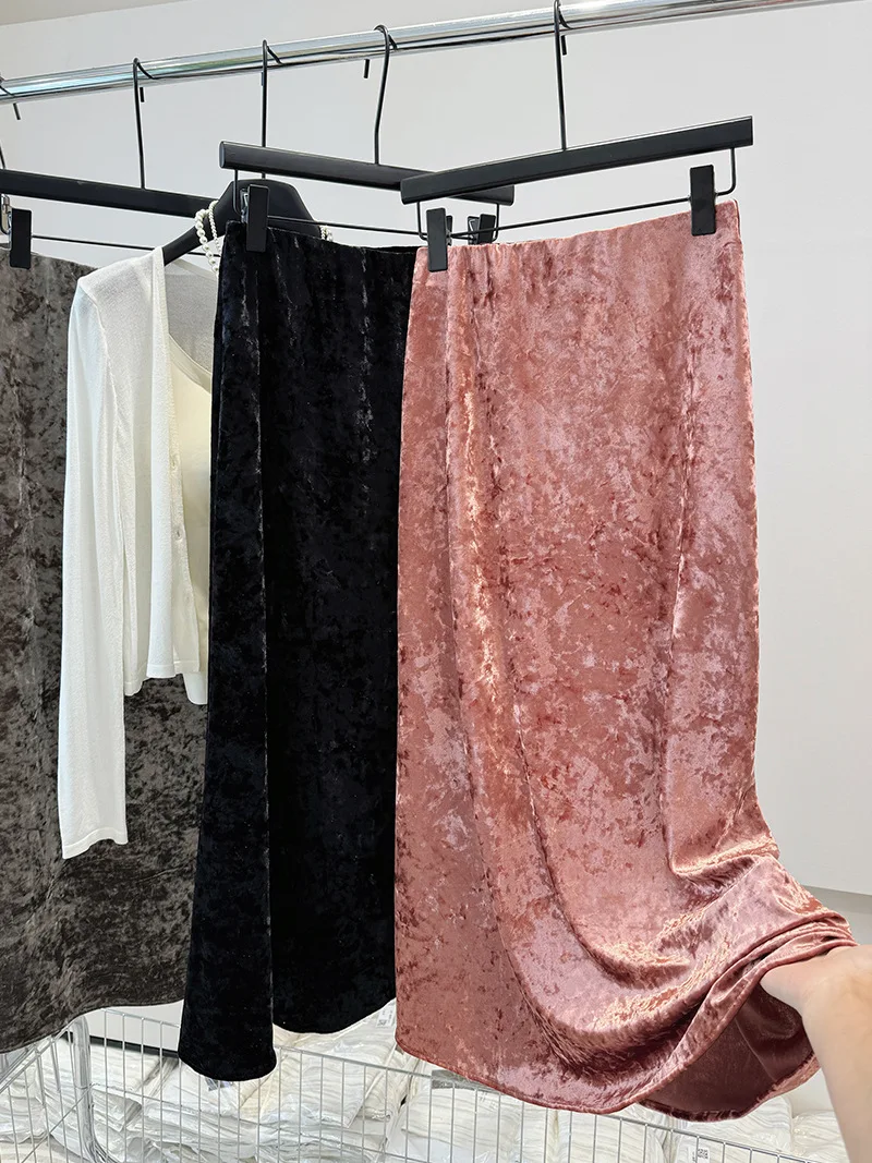 Gonna longuette in velluto per donna Gonna a trapezio in morbido velluto schiacciato Elegante tessuto lucido Elastico a vita alta Moda autunno inverno 2