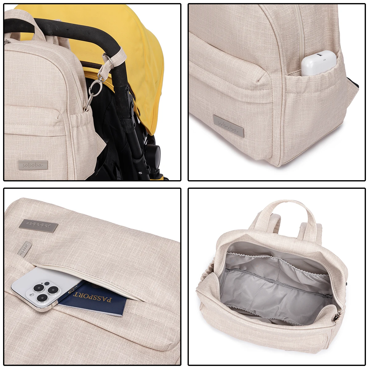 Soboba Elegante zaino per pannolini da donna Solido Moda Impermeabile Borsa per fasciatoio multifunzionale di grande capacità con 2 cinturini 5