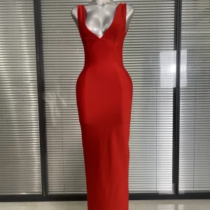 Brand New 2025 Donne sexy Profondo scollo a V Backless Rosso Vestito dalla fasciatura Celebrity lavorato a maglia Elegante aderente Party Maxi Dress 1