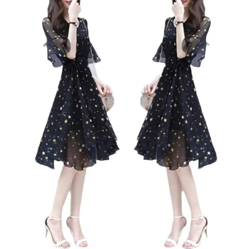 Abito da donna sexy in stile coreano non leggero che dimagrisce ultra-fata tono freddo abito longuette di media lunghezza con scollo a V manica corta 5