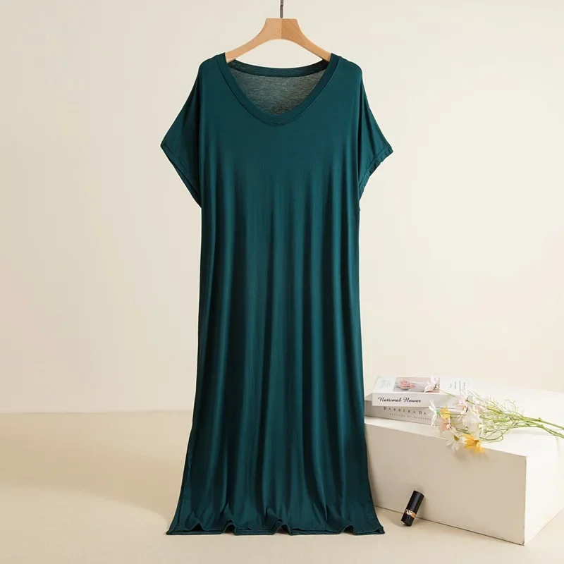 Abito modale con scollo a V Abito estivo da donna a maniche corte lungo allentato dimagrante Strato base Abito casual a trapezio in puro colore al ginocchio 3