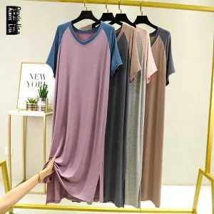 Estate plus size modale spalla allentata inserto color block manica corta abito premaman spacco laterale scollo a V gonna vestiti per la casa 1