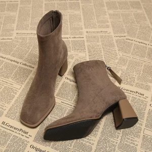 Stivaletti da donna vintage con punta quadrata Cerniere alla moda Scarpe con tacco spesso Stivaletti corti moderni eleganti invernali 1
