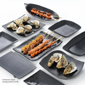 1 pezzo di melamina smerigliata nera, sushi giapponese, piatto da barbecue, imitazione porcellana, piatto di manzo, stoviglie per pentole calde 1