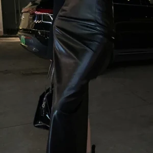 Gonne a fessura in pelle Pu vintage da donna a vita alta streetwear gonne longuette sottili Y2K eleganza coreana festa notturna gonne nere da donna 1