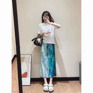 Gonna a pieghe stampata fresca estiva con gonna a vita alta elastica dritta slim a fessura 1