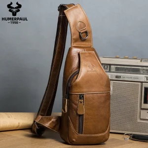 HUMERPAUL Borsa da petto in vera pelle al 100% per uomo Borsa a tracolla classica con tasca per cellulare Borse a tracolla da esterno 1