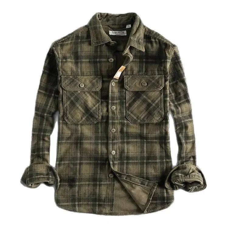 Camicia a quadri da lavoro pesante ispessita Camicia a quadri in velluto a coste da uomo Camicia a maniche lunghe bella Capispalla spesso da uomo 5