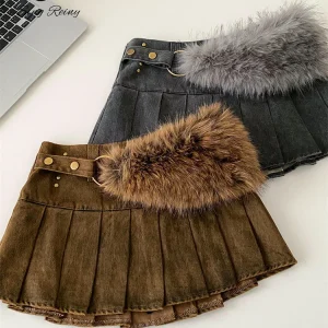 SINGREINY Hot Girl Denim Gonne corte Moda donna Borsa in peluche Bottoni in metallo Streetwear Y2K Minigonne a pieghe vintage 1