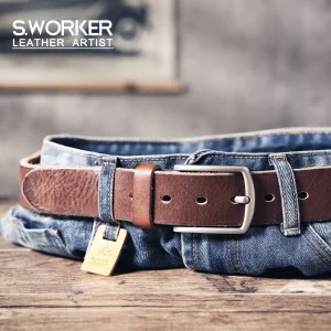 Cintura da uomo con fibbia ad ardiglione in vera pelle di vacchetta casual retrò, cintura studentesca, cintura classica semplice 1