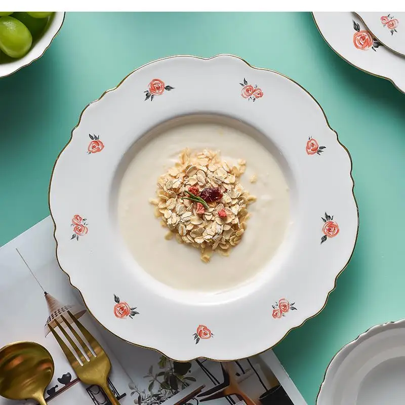 Set ciotola e piatto in ceramica New Bone China Phnom Penh Rose Stoviglie Dessert Piatto Bistecca occidentale Colazione 3