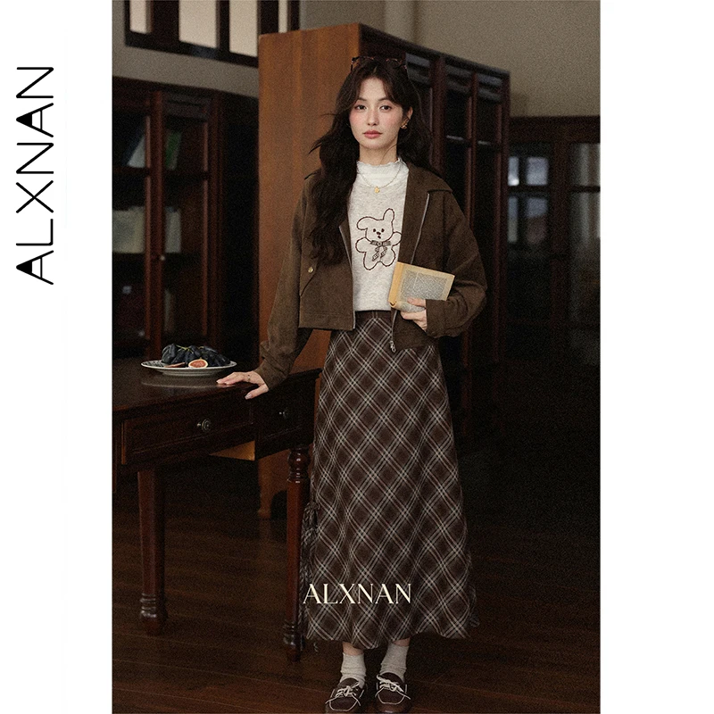 ALXNAN Gonna scozzese marrone Donna Vintage Elegante Chic con bottoni Gonne lunghe con spacco 2025 Autunno Nuovo Office Lady Abbigliamento femminile L57033 4