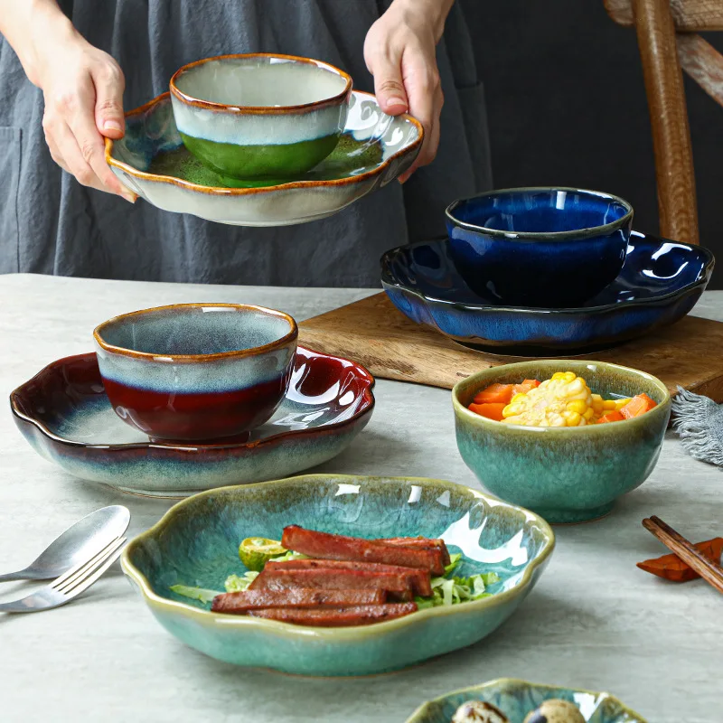 Stoviglie irregolari retrò giapponesi stoviglie in ceramica per la casa piatto/ciotola/piatto Set piatto in ceramica stoviglie stoviglie festa di compleanno 3