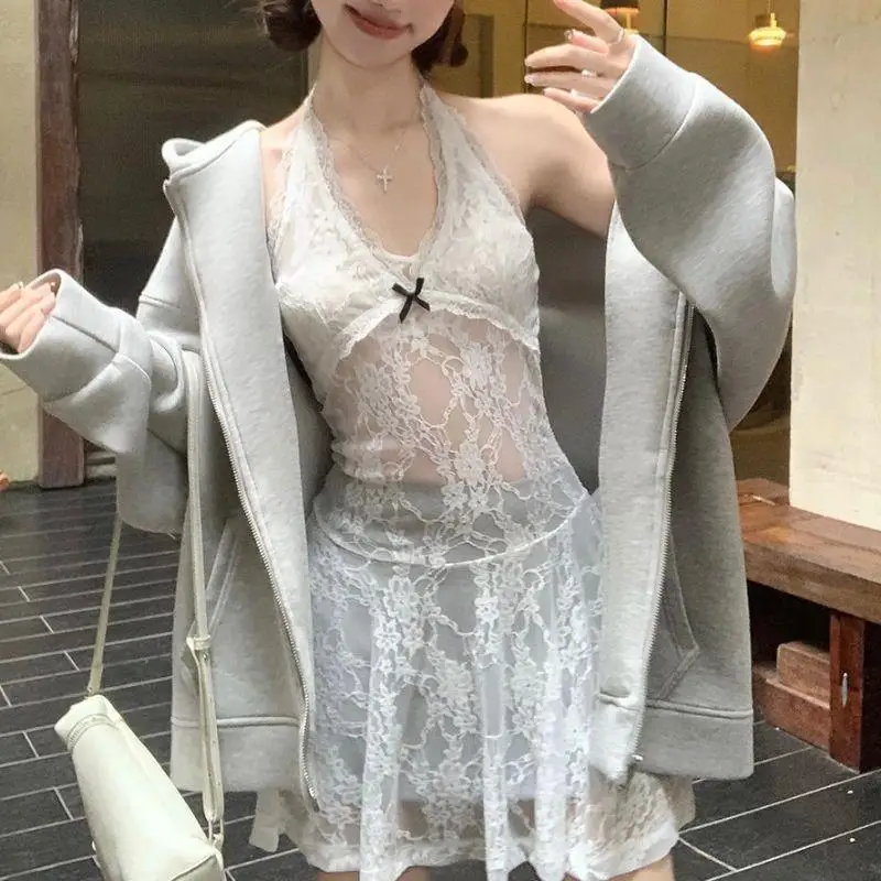 Abito allacciato alla caviglia in pizzo trasparente moda Grembiule con scollo a V Beachwear Gonne corte con lacci A-line Abiti stile ragazza piccante Club da donna 5