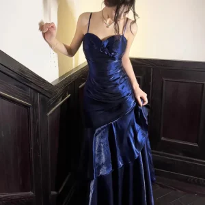 Elegante romantico volant partito abito a sirena da donna femminile blu slim fit abiti con cinturino per spaghetti 2025 chic abito formale da banchetto 1