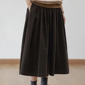 Gonna a trapezio in velluto a coste marrone vintage moda donna autunno e inverno 2025 Gonna ombrello allentata versatile a vita alta invecchiata 1